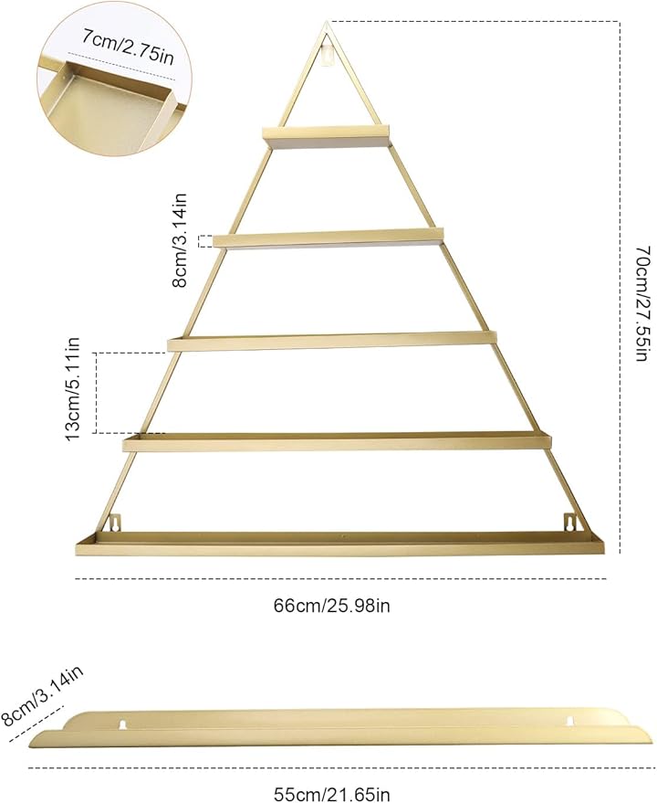 Lorvain Metal Wall-mounted Nail Polish Storage Racks 5 Tiers Gold Triangular Display Rack Cosmetic Display Cases Lipstick Perfume Wall Shelf Essential Oil Organizers for Home Spa Nail Salon Shop