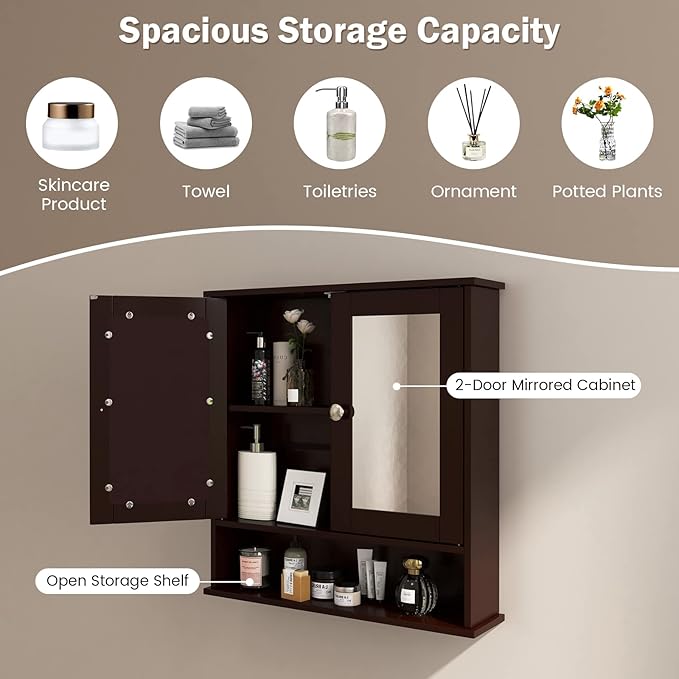 COSTWAY Bathroom Cabinet Wall Mount, Wooden Medicine Cabinet with 2 Mirror Doors, Adjustable Shelf, Open Compartment, for Laundry, Living Room, Kitchen, Brown