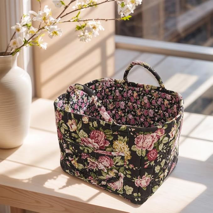 Quilted Fabric Storage Basket Boho Floral Laundry Hamper with Handle Foldable Floral Basket Organizer for Car Bedroom