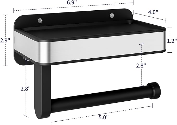 Kitsure Toilet Paper Holder with Shelf - Adhesive & Screw Wall Mount Toilet Paper Holder, Matte Black Design for Bathroom Decor, Space-Saving Toilet Paper Storage for Washroom, RV, Black, 6.9" W