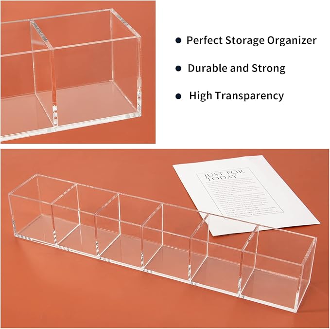 6 Section Clear Acrylic Organizer 6 Compartments Acrylic Pen Holder 14.17x2.36x2.36 Inches Plastic Makeup Organizer Plastic Square Cube Storage for Jewelry Accessories