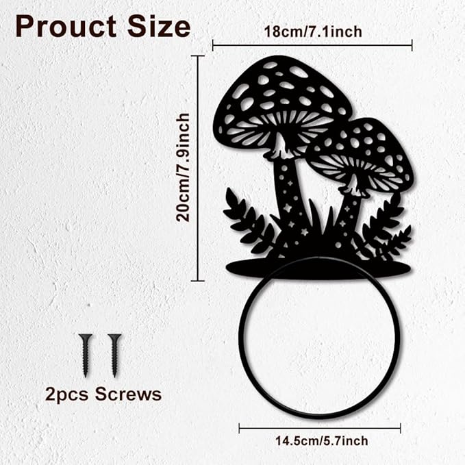 MAYJOYDIY Mushroom Metal Towel Ring Mushroom Leaf Towel Holder Star Dots Pattern Towel Ring Black Art Towel Rack Wall Mounted for Bathroom Kitchen Towel Hanger Home Decors Gift