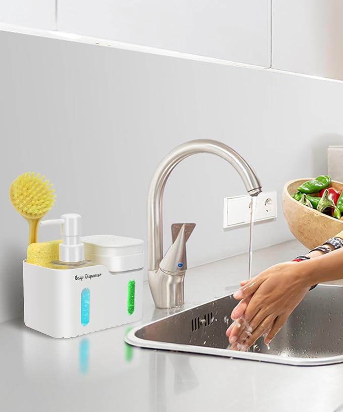 Hand Soap and Dish Soap Dispenser Set for Kitchen, Dual Soap Dispenser with Sponge Holder and Dishcloth Holder 4-in-1 Organizer for Kitchen Sink Countertop, Useful Kitchen Gadgets (White)