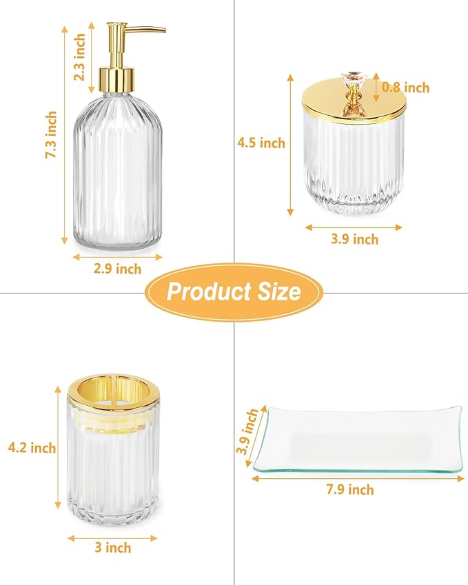 Gold Bathroom Accessories Set, 4Pcs Clear Glass Bathroom Accessory Sets Complete of Soap Dispenser, Toothbrush Holder, Apothecary Jar(Qtip Holder), Vanity Tray, Modern Home Decor Housewarming Gifts