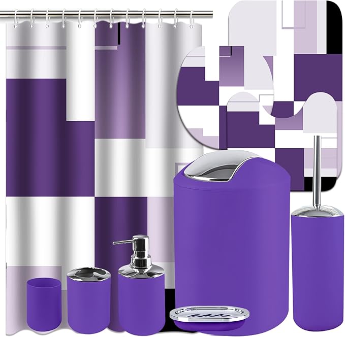 Lnond Purple Bathroom Set, 22-Piece Purple Geometic Bathroom Decor Set with with Shower Curtain and Rugs, Trash Can, Toilet Brush Holder Set & Soap Dispenser
