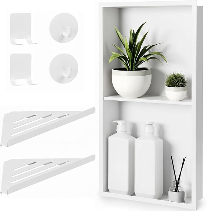 Stainless Steel Shower Niche No Tile Needed 24"x12" Inner Size (25.19"x13.19" Outside Size) Matte White - Niche for Shower Wall - Bathroom Niches - Includes Corner Shelves Razor Holders and Wall Hooks