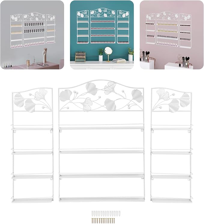 3PCS Metal Nail Polish Racks, Nail Polish Wall Organizer 4 Tiers Leafage Shape Display Rack Wall Mounted Display Case for Home Spa Nail Salon Shop- White