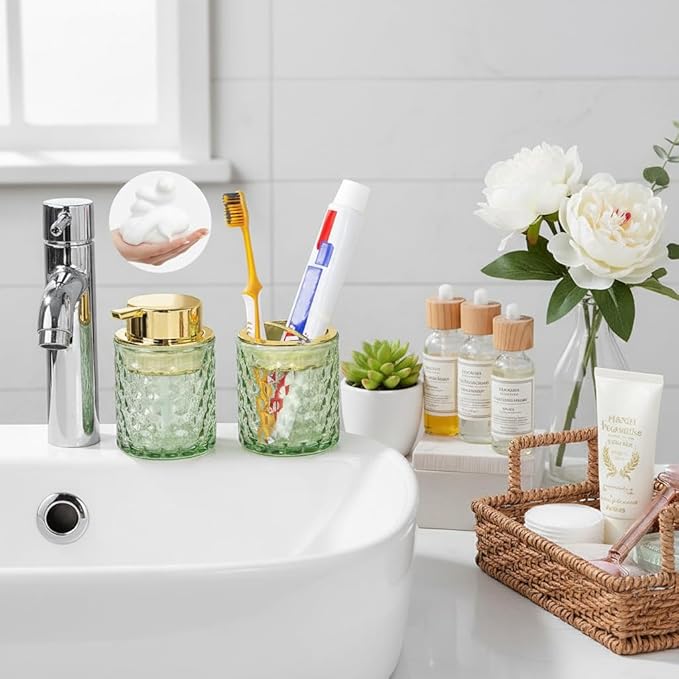 Bathroom Accessories Set 2pcs Glass Foaming Soap Dispenser and Toothbrush Holder for Bathroom Countertop, Green Glass Bathroom Assessory Set with Gold Decor