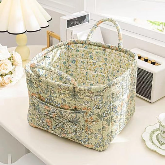 Quilted Fabric Storage Basket Boho Floral Laundry Hamper with Handle Foldable Floral Basket Organizer for Car Bedroom