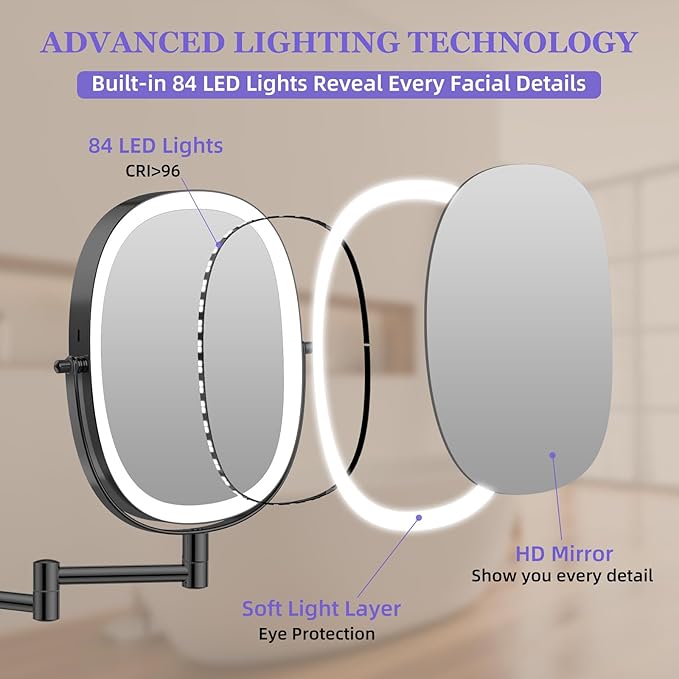 FUNTOUCH 30X/1X Wall Mounted Lighted Makeup Mirror, 5000mAh Rechargeable Oval Double Sided Touch Switch Magnifying Mirror with Light, 3 Color Setting, Extended Arm 360°Swivel Foldable,Black