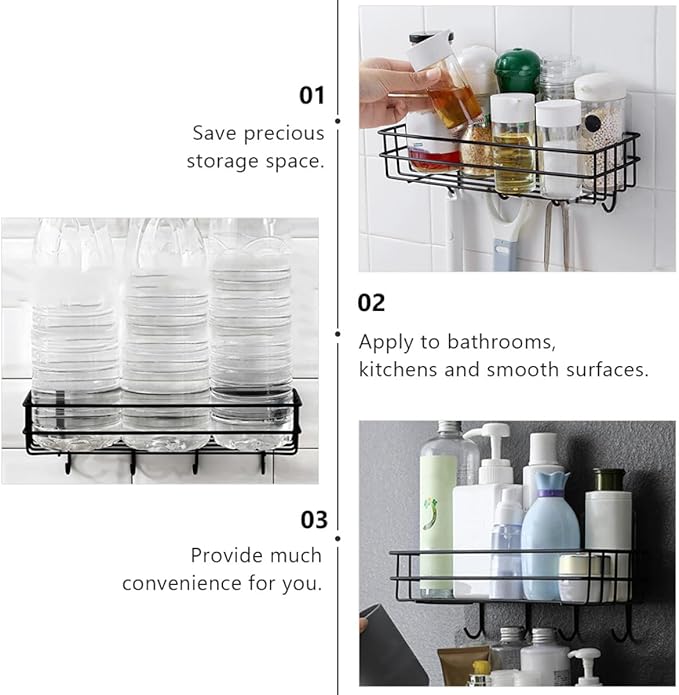 Veemoon Wall-Mounted Punch-Free Storage Rack with Hooks 2pcs, Iron Material, Nail-Free Organizer Shelf for Bathroom Kitchen, Black Bathroom Hanging Storage Solution