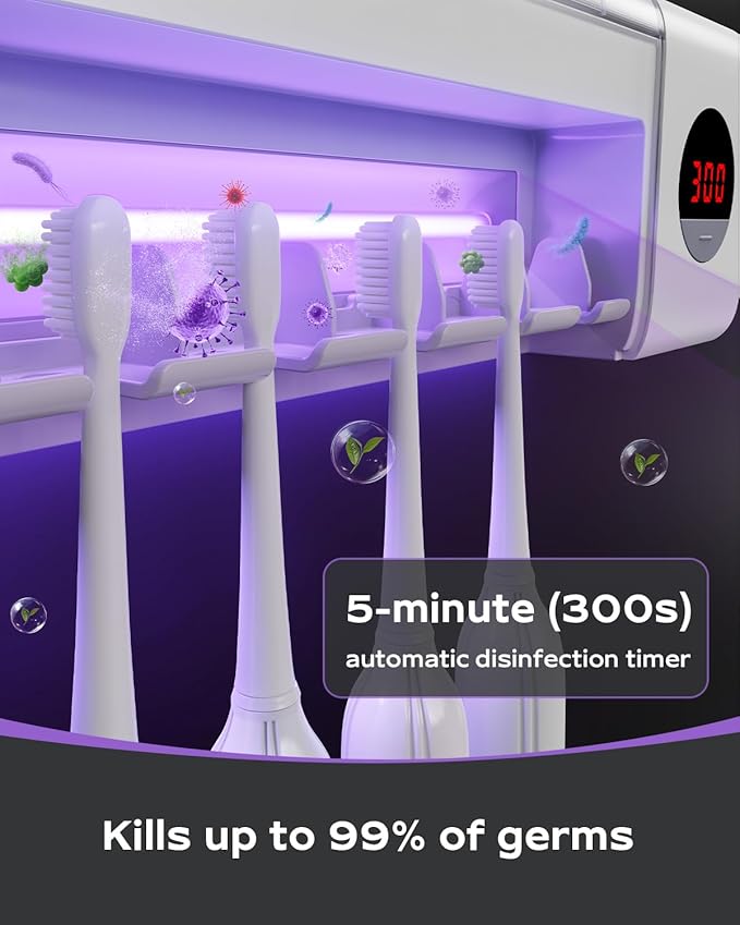 HouseGem Toothbrush Holder, Timer Function, 2000mAh Rechargeable Cordless Wall-Mounted Bathroom (White)