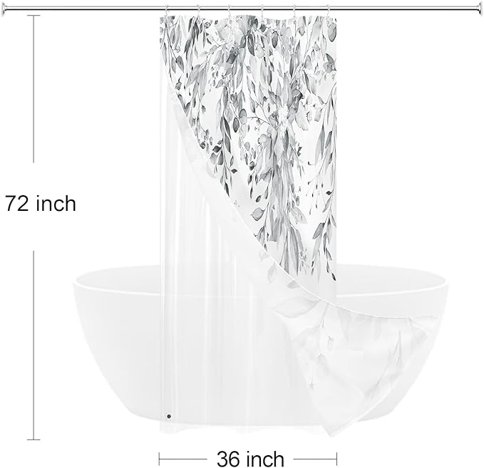 Gibelle Small Stall 3 in 1 Shower Curtain Set,Eucalyptus Bath Curtain with PEVA Liner Set and 12 Metal Hooks, Modern Waterproof Fabric Bathroom Curtain 36x72, Grey