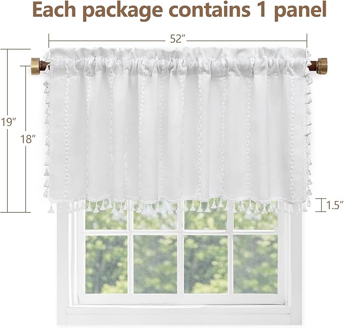 White Boho Farmhouse Valance Curtain with Tassels, 52 x 18 inch Linen Textured Window Curtain for Living Room, Striped Light Filtering Valance for Kitchen Bedroom Bathroom Rod Pocket
