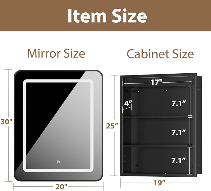 LOVMOR Led Medicine Cabinet with Mirror, Bathroom Vanity Mirror Cabinet with Shelves, 3-Color Lights Dimmer, Black 30" H x 20" W