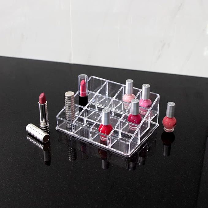 Isaac Jacobs Clear Acrylic 12 Compartment Nail Polish Holder, Organizer for Makeup, Essential Oils, Storage Solution, Rack Display (3 Rows (x4)) (Pack of 2)