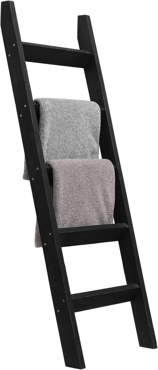 FUIN 5ft (58") Wood Blanket Ladder Living Room Decorative Wall Leaning Farmhouse Quilt Display Holder Storage Rustic Wooden Towel Rack for Bathroom, Black