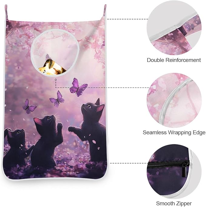 Hanging Laundry Hamper with Stainless Steel Hooks,Oxford Fabric Printing Door Laundry Clothes Bag, 29.5X20inch 2PCS Cherry Blossom Black Cats and Butterfly
