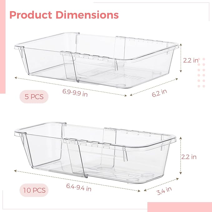 15 Pcs Extendable Clear Bathroom Drawer Organizer Trays 2-Size Adjustable Vanity Storage Box for Makeup Cosmetic Bedroom and Gadgets
