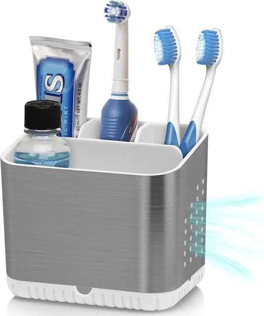 PARKMANI Toothbrush Holders for Bathrooms, Kids Electric Toothbrush and Toothpaste Holder, Brushed Nickel Toothbrush Caddy, Tooth Brushing Stand for Bathroom Organizer Countertop (Brushed Silver)