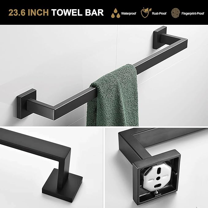 Lava Odoro 4-Piece Bathroom Hardware Accessories Set Matte Black, Towel Bar Set Stainless Steel Wall Mount Towel Holder Set Bathroom Accessories Kit