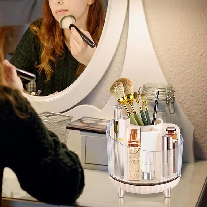 360° Rotating Makeup Organizer, Makeup Brush Holder, Cosmetic Display Case, Lipstick Organizer for Vanity Desk Bathroom Countertop (Orange)