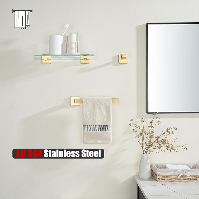 JQK Hand Towel Holder Towel Ring Gold, Thicken 0.8mm 304 Stainless Steel Bathroom Hand Towel Bar, 9 Inch Wall Mount Towel Rack Hanger, Brushed Gold, THH250L9-BG