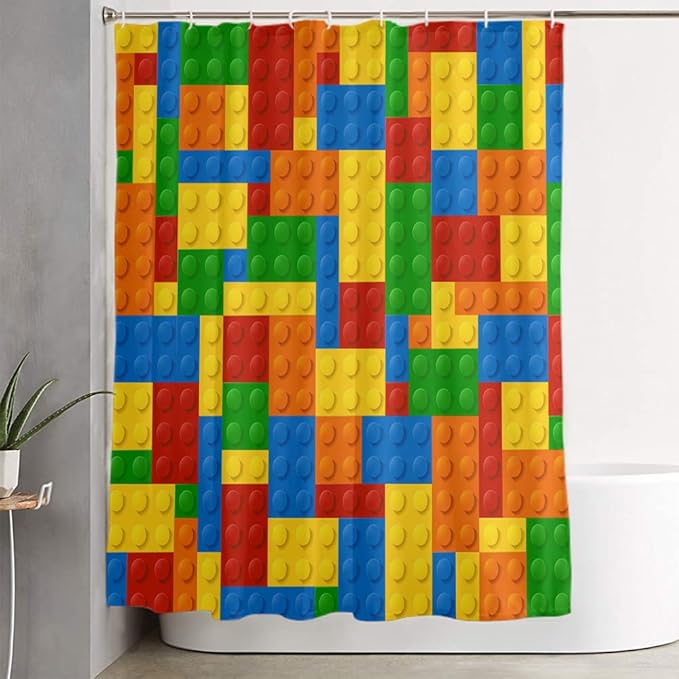 LOKMU 4 Pcs Shower Curtain Sets with Non-Slip Rugs,Toilet Lid Cover and Bath Mat,Colorful Blocks Waterproof Shower Curtain with 12 Hooks, Bathroom Decor Sets, 72"x 72"