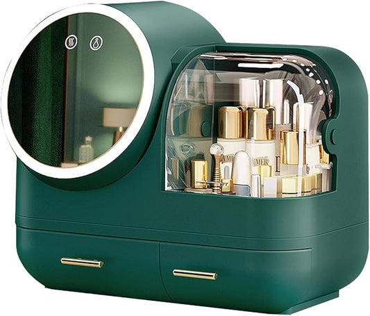 Green Cosmetic Display Cases Makeup Storage Organizer Box with Mirror Cosmetic Display Case with Touch Screen LED Light Anti Dust and Waterproof Skin Care Organizer