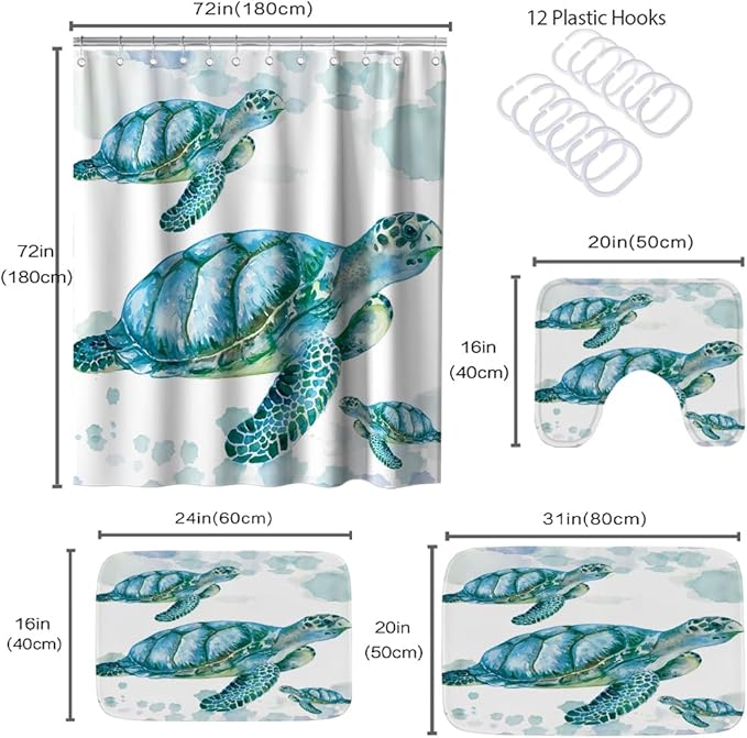 Beach Nautical Sea Turtle Bathroom Sets with Ocean Family Coral Shower Curtain and 20 x 31 Rugs Bathroom Accessories Sets Decor with Bath Rug, Bath Mat, U-Shaped Contour and Hooks 72 x 72 Inch Blue
