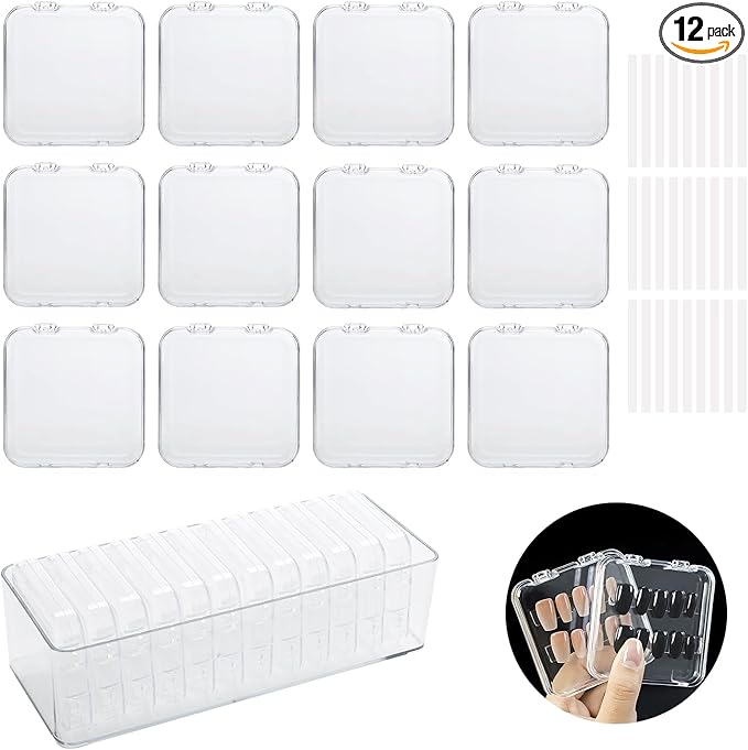 LUCKJUJU 12 Pcs 2.75" Press On Nail Storage Box Container False Nail Organizer Acrylic Display Case Packaging Box with Adhesive Double Sided Tape for Nail Art (Not Included Press On Nail)