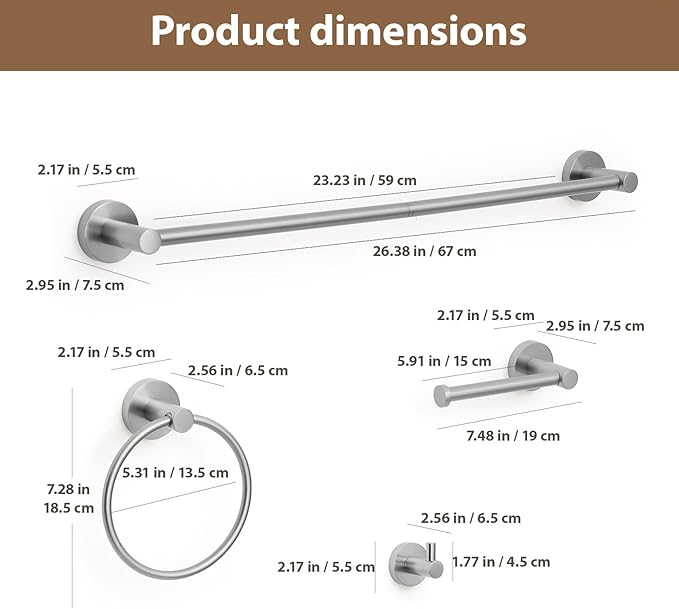 Bathroom Hardware Set 4 Piece – 24 Inch Towel Bar Set,Rustproof Stainless Steel Bathroom Accessories Kit with Towel Ring, Toilet Paper Holder & Robe Hook, Wall Mounted Bathroom Fixtures Set