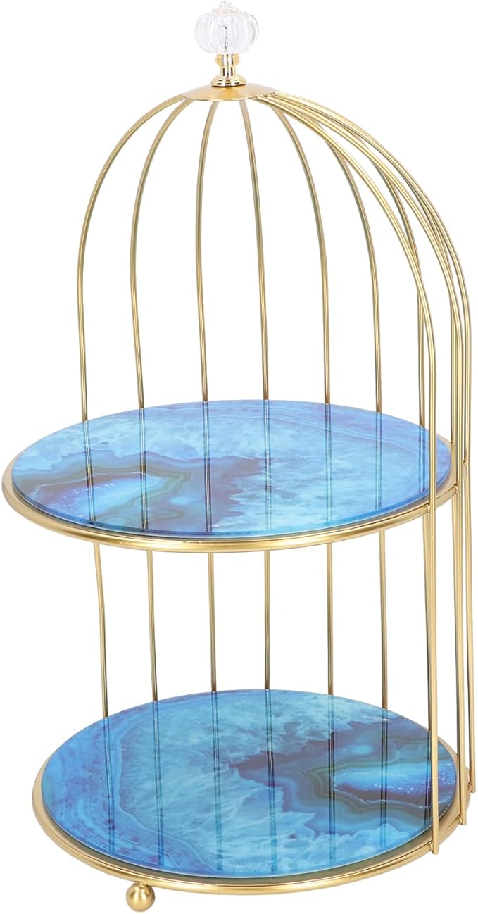 Double Layer Storage Shelf Bird Cage Organizer Display Rack for Bathroom Countertop Dressing Table Gold Frame (Agate Stone Pattern)
