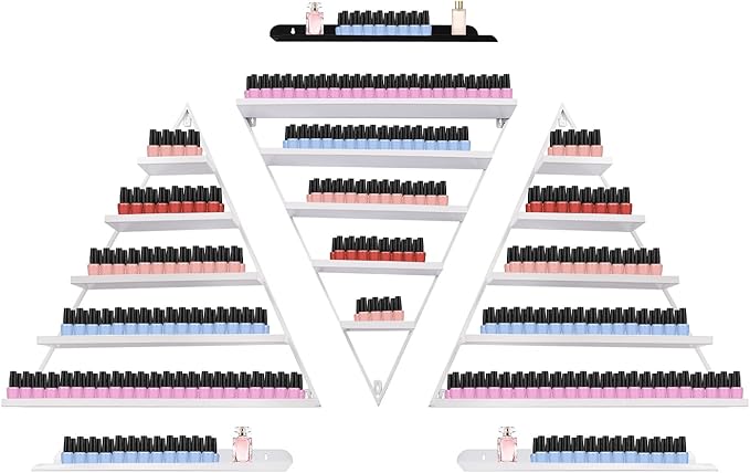6PCS Triangular Wall-Mounted Nail Polish Racks, White 5-Tier Nail Polish Shelves, Heavy-Duty Cosmetic Display Cases with Raised Edges for Nail Salon, Home, Shop Use