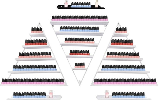 6PCS Triangular Wall-Mounted Nail Polish Racks, White 5-Tier Nail Polish Shelves, Heavy-Duty Cosmetic Display Cases with Raised Edges for Nail Salon, Home, Shop Use
