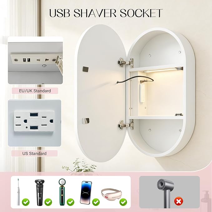 Oval Medicine Cabinet with Light,LED Medicine Cabinet,USB Shaver Socket,Internal Light,Steel with Powder Coating,Soft Closing Hinge,White,16×28inch