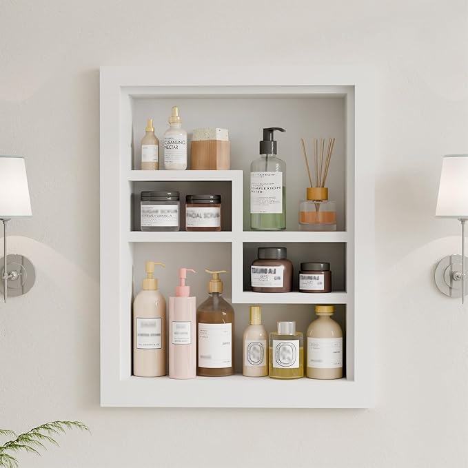 Solid Wood 14 X 18 Recessed Medicine Cabinet,2-Tier, Medicine Cabinet Organizer,Wall Niche, Bathroom Wall Cabinet, Recessed Bathroom Cabinet, Bathroom Cabinet with Storage White