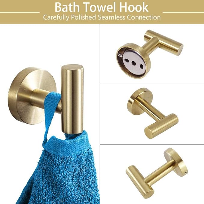 TocTen 5 PCS Bathroom Hardware Set SUS304 Stainless Steel-Towel Rack Set Include Lengthen Hand Towel Bar+Toilet Paper Holder+3 Robe Towel Hooks Bathroom Accessories Towel Bar Set(Brushed Gold,16IN)