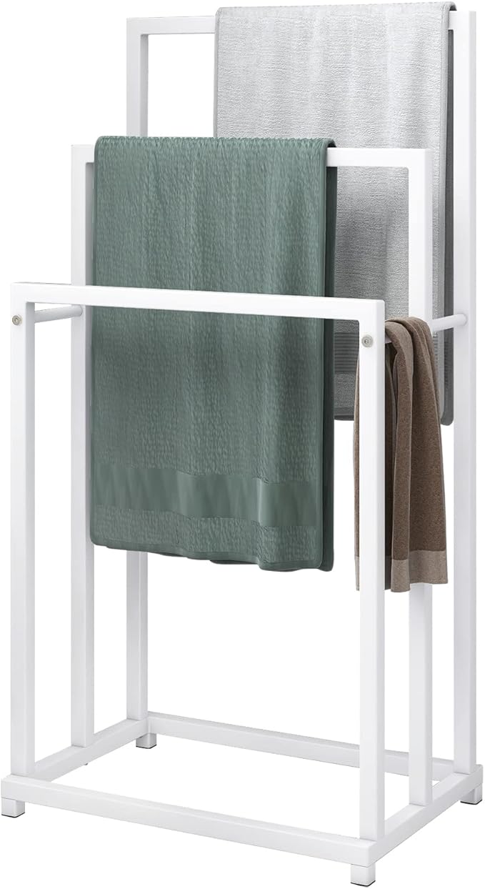 BOFENG 3-Tier White Metal Towel Rack 3 Bars Freestanding Towel Holder Drying Shelf Stand Towel Bar Storage Ladder Bathroom Accessories Organizer Bath Storage,Hand Towel,Washcloth,Kitchen Cloth