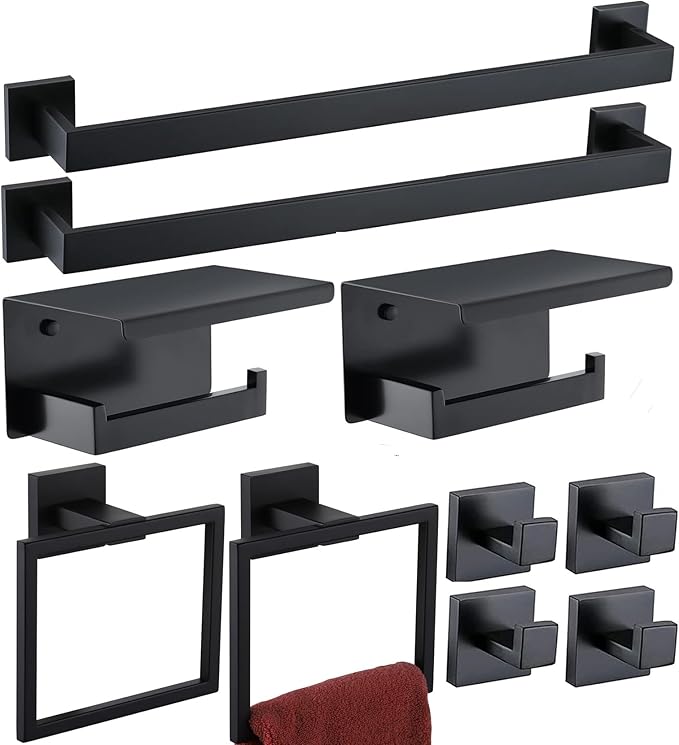 Bathroom Hardware Set Piece Brushed Nickel Bathroom Accessories Set SUS304 Towel Bar Set Includes 2 Towel Bar 24 Inch+2 Towel Holder+2 Toilet Paper Holder+4 Towel Hooks (10, Matte Black)