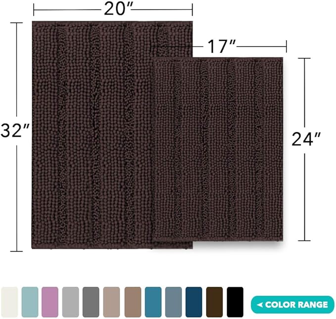 Turquoize Chenille Bathroom Rugs Set Non-Slip Bath Mats Extra Soft and Absorbent Shaggy for Floor Indoor Mat Kitchen/Entryway (20" x 32" and 17" x 24"), Chocolate