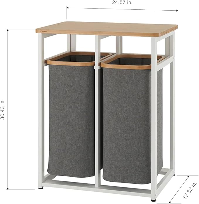 TRINITY EcoStorage Bamboo Wood Laundry Organizer Station with Folding Shelf and 2 Pull-Out Removeable Hamper Bags, White