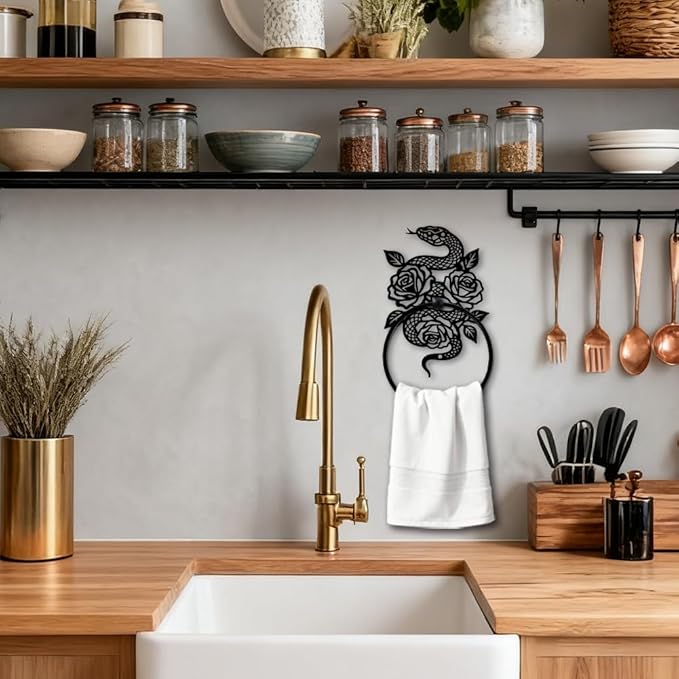 MAYJOYDIY Snake Metal Towel Ring Round Snake Flower Hand Towel Holder Ring Hanger Black Vintage Towels Wall Organizer for Kitchen Bath Home Laundry Room Decors Gifts