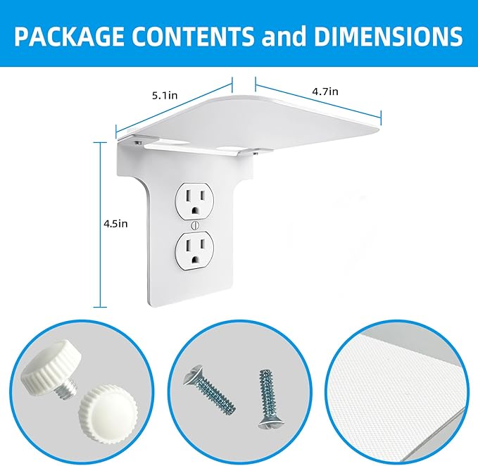Metal Outlet Shelf Wall Holder for Duplex (Round) Outlets - Bathroom & Kitchen Organizer with Cord Storage, Quick Install for Smart Home Toothbrush Holder Holds Smart Speaker Cell Phone