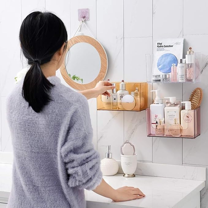 WFF Bathroom Self-Adhesive Rack, Floating Cosmetic Storage Box, Wash Mask Home-Free Perforated Wall Hanging, Hanging Toilet Rack (Color : A)