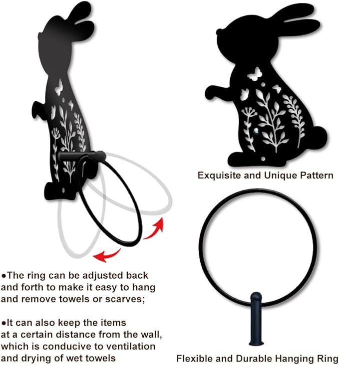 MAYJOYDIY Rabbit Metal Towel Ring Easter Bunny Towel Holder for Wall Leaf Plant Butterfly Towel Ring Black Towel Rack Wall Mounted for Bathroom Kitchen Towel Hanger Home Decors Gift