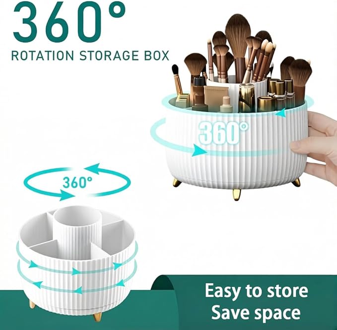 Makeup Brush Holder,360° Rotating Makeup Brush Organizer,5 Slot Make up Brushes Cup for Cosmetics,Large Capacity,For Nail Polish, Art Supply, Bathroom Vanity,Cosmetics Organizer,White