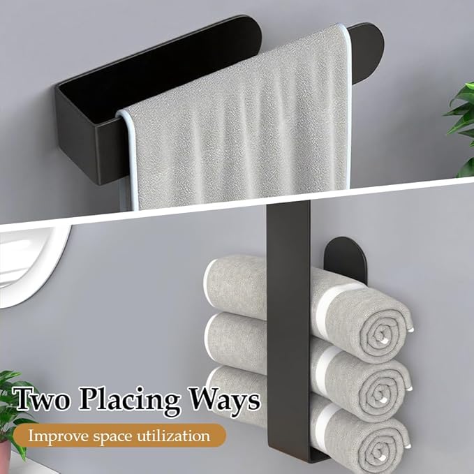 Hand Towel Holder, Self Adhesive Hand Towel Bar，Stainless Steel Bathroom Towel Racks Stick on Wall, Black