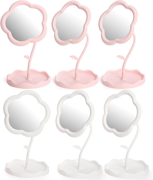 6 Pieces Flower Shaped Mirror, Multi-Angle Adjustable Spa Party Makeup Mirror, Compact Table Vanity Mirror with Jewelry Tray for Home Decor Sleepover Party Aesthetic Gift