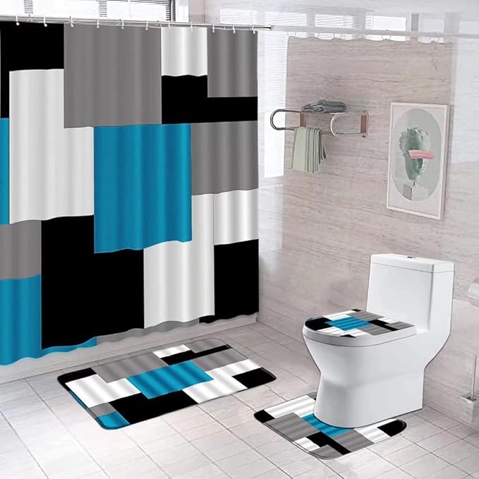 Yizheer 4Pcs Geometric Blue Modern Bathroom Shower Curtain Set with 12 Hooks Bath Mat Toilet Cover U Shaped Mat- PEVA Material, 72x72 Inches, Bathroom Curtain for Bathtub (Blue)